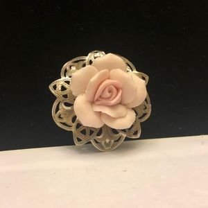 Antique Vintage Pink and Silver Rose Flower Brooch